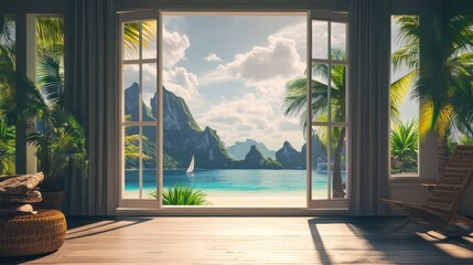 Open window revealing stunning exotic beach, mountains, or famous landmark view