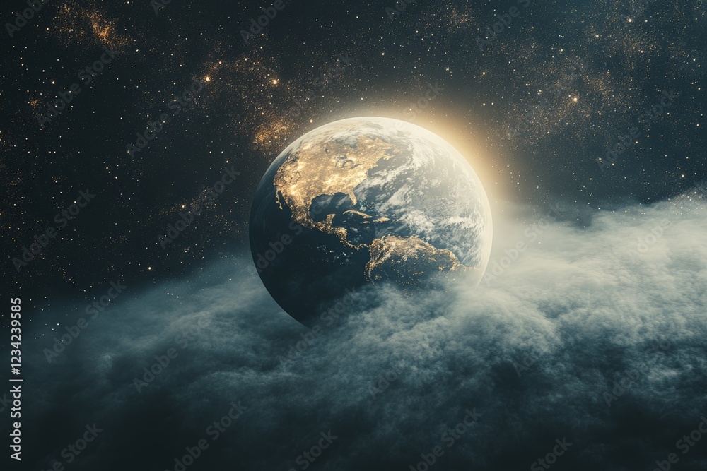 Poster Captivating view of Earth from space with glowing lights and starry background featuring cosmic clouds