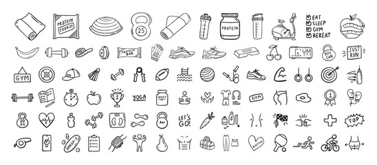 Fitness, sport and health icons doodle hand drawn set. Healthy lifestyle isolated symbols