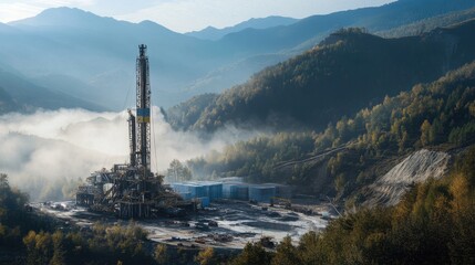 Massive drilling rigs extracting resources in a mountainous region