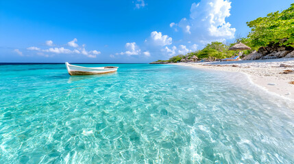 Fototapeta premium Tropical beach boat calm turquoise water