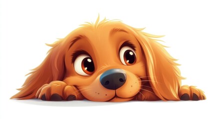 Cute puppy peeking over white background, children's book illustration