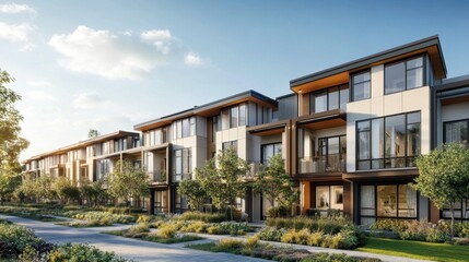 Modern townhomes in a vibrant urban setting with a park nearby