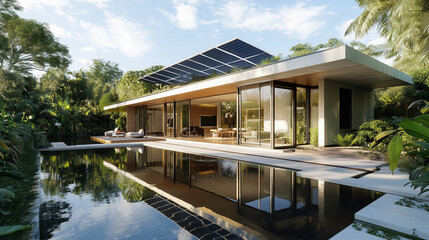 Fototapeta premium Luxurious Modern Eco Home with Solar Panels and Infinity Pool in Tropical Setting