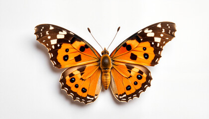 Vibrant butterfly wings with intricate orange, black, and white patterns on a clean background