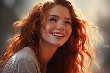 Fototapeta premium Portrait of a cheerful young woman with long, curly red hair, vibrant blue eyes, and charming dimples, expressing genuine happiness