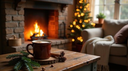 Warm winter evening by a cozy fireplace with a mug of hot beverage