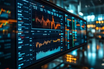 Financial analysis dashboard displays stock market trends during evening hours in a modern office environment