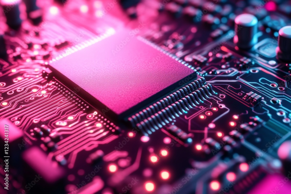 Leinwandbilder modern microchip on a circuit board illuminated by pink and purple lights in a futuristic setting
