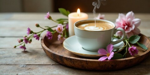 Aromatic Coffee Break A Serene Moment with Floral Accents and a Gentle Candlelight Glow