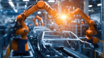 Fototapeta premium Robotic arms working on an automobile frame in an advanced production facility with bright lighting