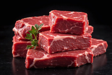 stack of thick juicy steaks with marbled texture on dark surface