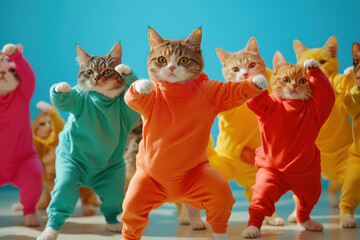 Eine Gruppe von Katzen in bunten Aerobic Kostümen macht lustige Aerobic Posen, die eine Mischung aus Fitness und Humor zeigen.