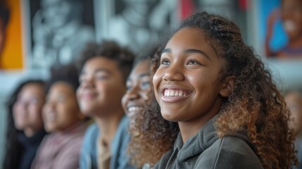 Fototapeta premium Smiling young girl with curly hair and a hoodie