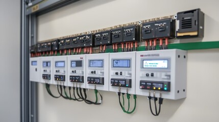 White background with industrial sensors and automation control systems, highlighting their role in modern factory processes