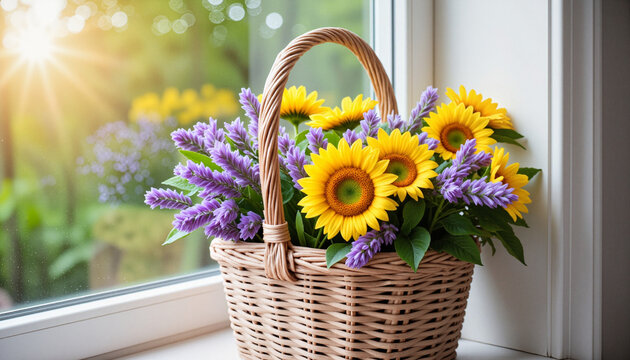 Vintage wicker basket filled with vibrant sunflowers and lavender blooms on a sunny windowsill