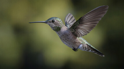 Fototapeta premium Hummingbird in flight with wings spread against a clear blue sky