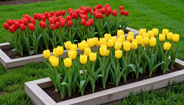 Vibrant rectangular flower beds with red and yellow tulips surrounded by fresh grass
