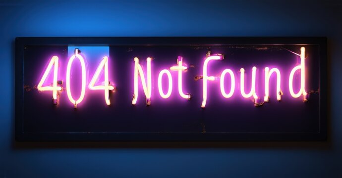 Glowing neon sign with vibrant pink outline displaying 404 Not Found in illuminated letters mounted on dark panel symbolizing error, missing content, internet failure, and glitch