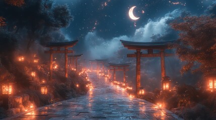 Enchanted Night Path: A Mystical Journey Through a Japanese Shrine at Night