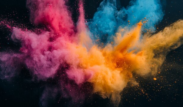 Colorful burst of pink, orange, and blue powder on black background