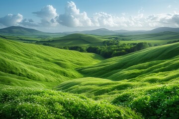 Obraz premium Grassy hills with flowers and trees in the distance