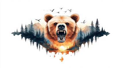 Illustrated brown bear patch featuring a roaring bear head surrounded by forest details. A perfect emblem for nature enthusiasts and wildlife-themed prints.
