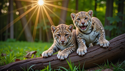 Fototapeta premium Two playful leopard cubs climbing on a log in a lush green jungle bathed in sunlight