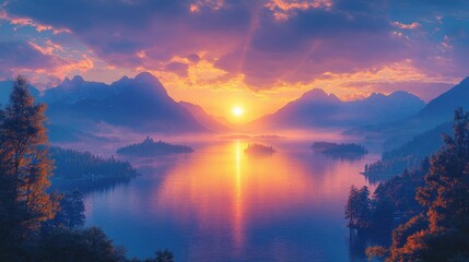Vibrant Sunset Over Snowy Mountains and Calm Lake