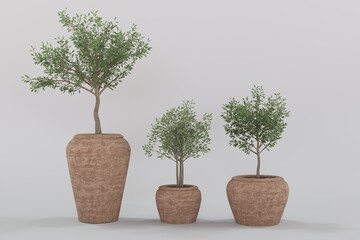 Plant pots in various natural shapes on a white background 3d
