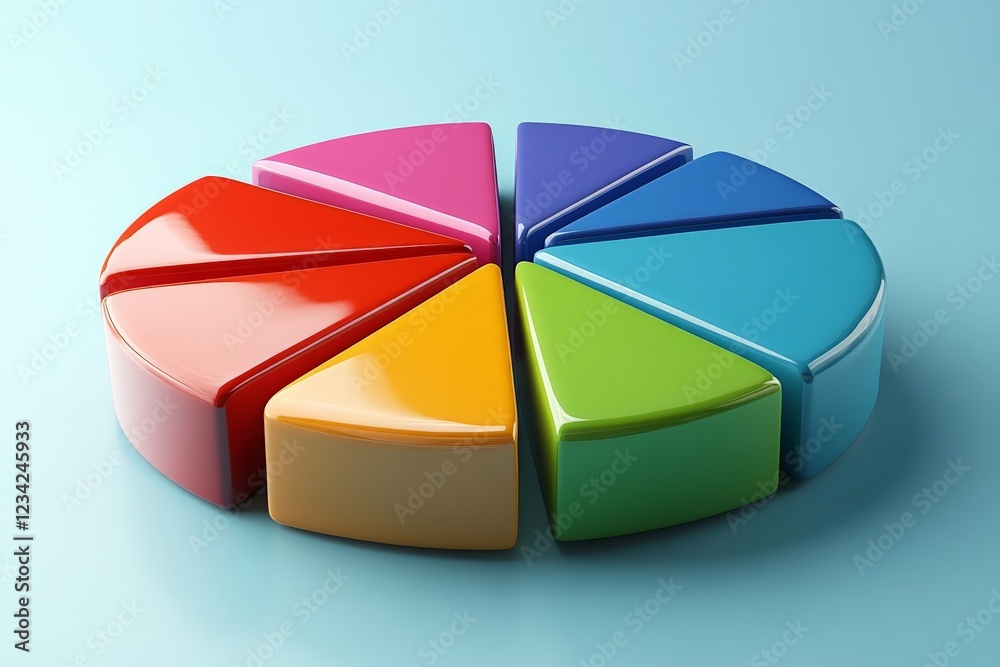 Poster colorful pie chart segments arranged on a blue background representing data distribution and analysi