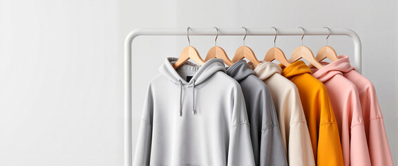Obraz premium Hoodies in various colors displayed on a rack, fashion showcase