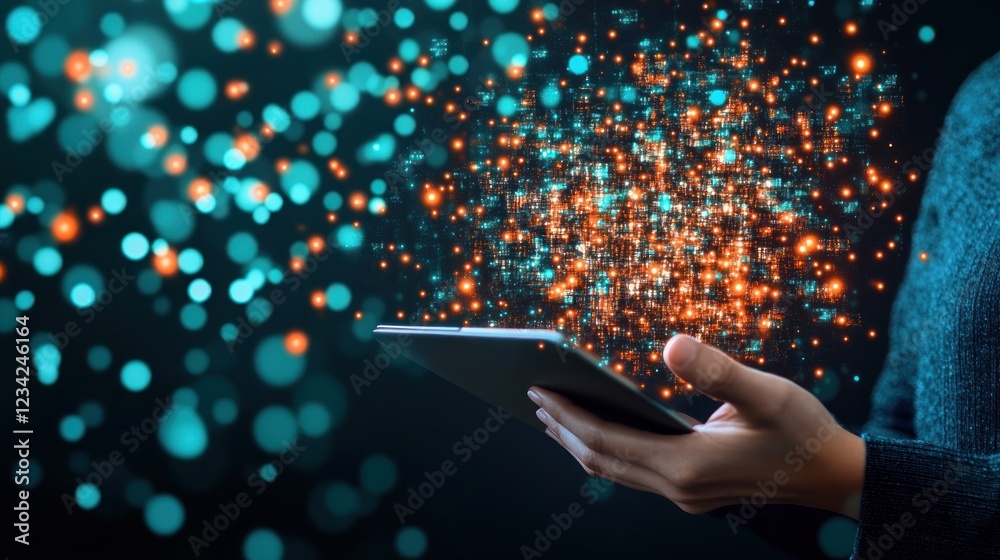 Poster hands holding tablet surrounded by digital particles and glowing lights in dark scene