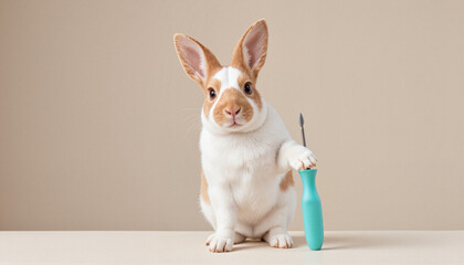 Easter Bunny sitting with a screwdriver in a minimalist studio setting