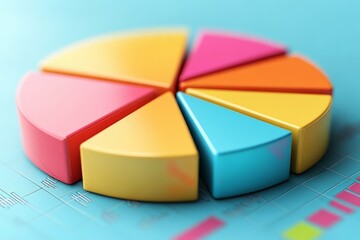 Obraz premium Colorful pie chart representing data distribution and analysis on a blue background with graphs and visual elements