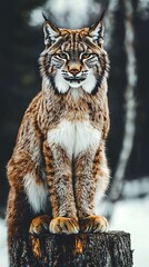 Fototapeta premium HD Phone Wallpaper Majestic Eurasian Lynx Sitting on Tree Stump in Snowy Winter Forest