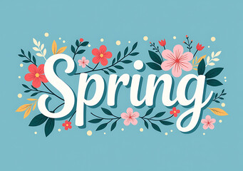 voluminous inscription features flowers foliage bright spring design blue background vector