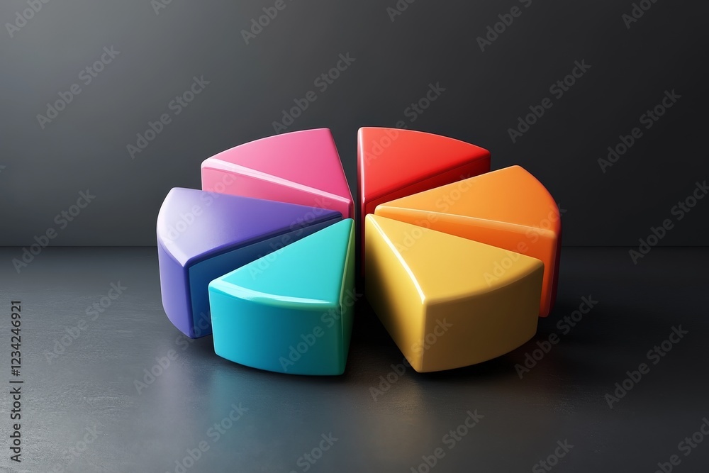 Poster Colorful geometric pie chart pieces arranged in a circular pattern on a dark surface