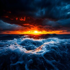 Fototapeta premium Dramatic Ocean Sunset with Dark Clouds and Intense Colors