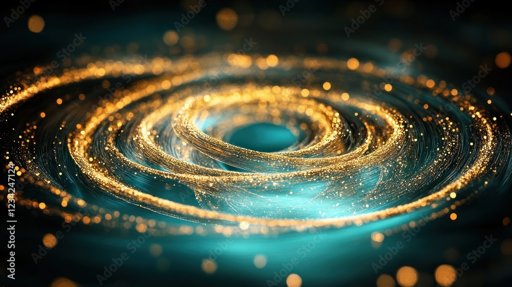 Poster glimmering golden swirls in vibrant blue background creating abstract cosmic art