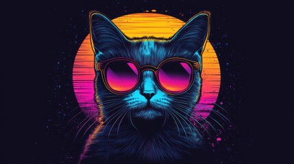 Retro style t-shirt design with 80s cut cat and neon lights
