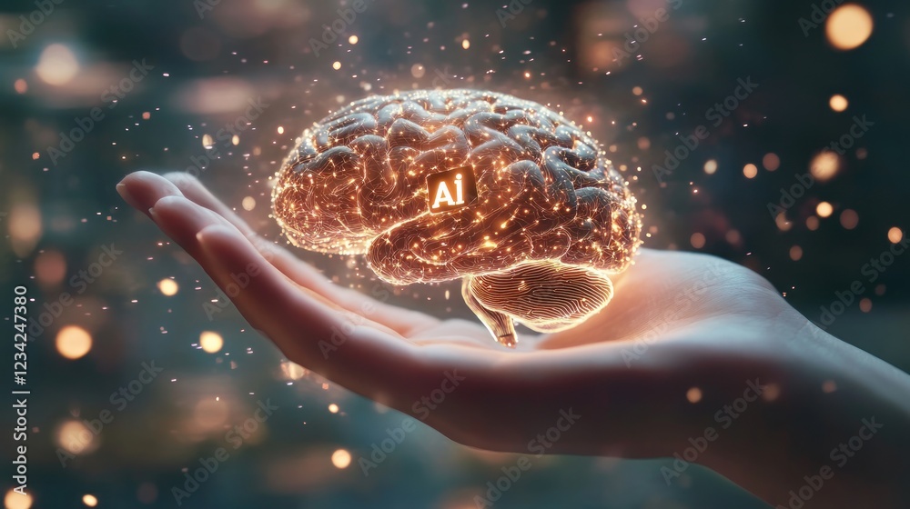 Poster hand holding glowing brain with ai concept over sparkling background