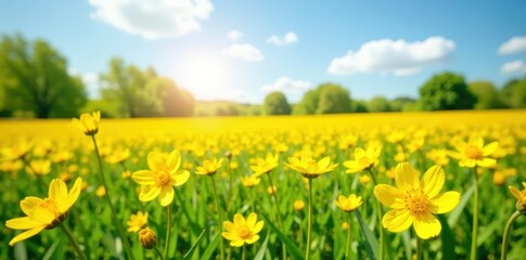 Fototapeta premium Sunny fields of yellow flowers blooming in spring, fields, spring landscape, nature