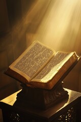 Open holy book on ornate stand bathed in golden divine light