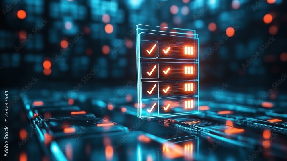 Aufkleber futuristic digital checklist with neon glow in a high-tech environment