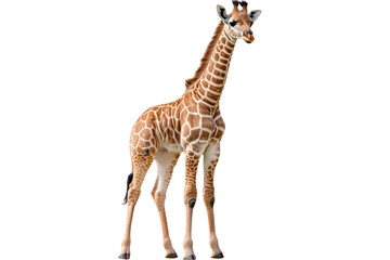 Obraz premium A baby giraffe with a soft coat of brown spots, standing tall and gazing around. Transparent background