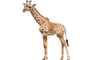 Obraz premium A baby giraffe with a soft coat of brown spots, standing tall and gazing around. Transparent background