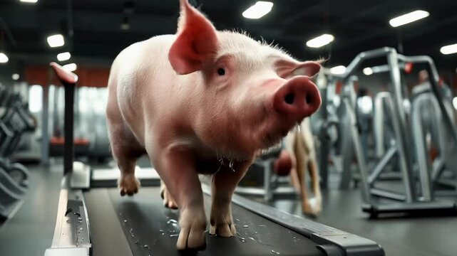 Pig running on a treadmill in a gym surrounded by fitness equipment and bright lighting. Concept of persistence and humor