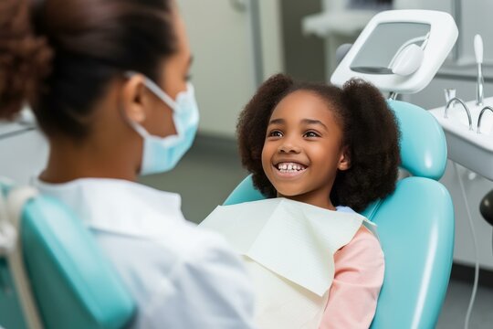 Happy child sitting in dentist chair during medical examination with female doctor wearing face mask - Powered by Adobe