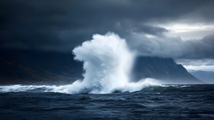 Obraz premium Dramatic Ocean Wave Crashing Against Mountains